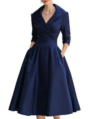 Women's Dark Blue Long Sleeve V-Neck Silky Casual Elegant Midi Church Dress